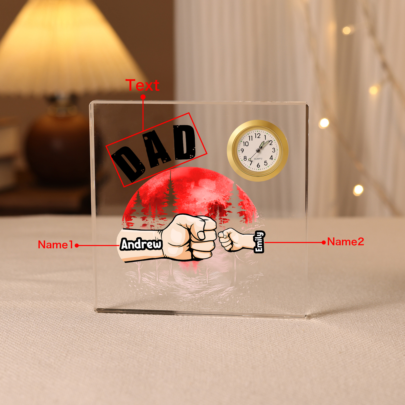 2 Names - Personalised Fist Red Forest Style Acrylic Clock Ornament Ornament Customized Name and Text Acrylic Father's Day Gift for Dad