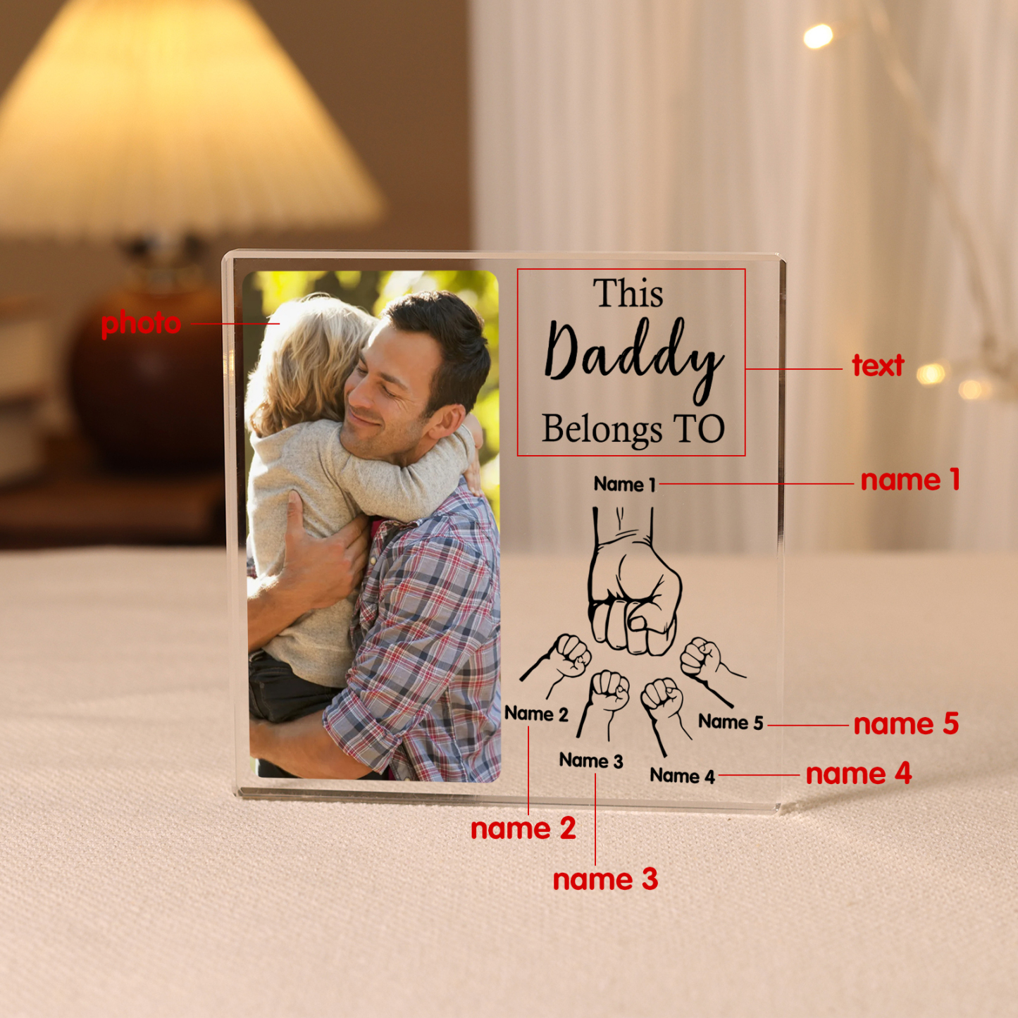 5 Names-Personalised Dad Photo Fist Acrylic Keepsake-Custom Text, Photo, and Names-Acrylic Plaque Home Decoration Gift for Dad/Grandad