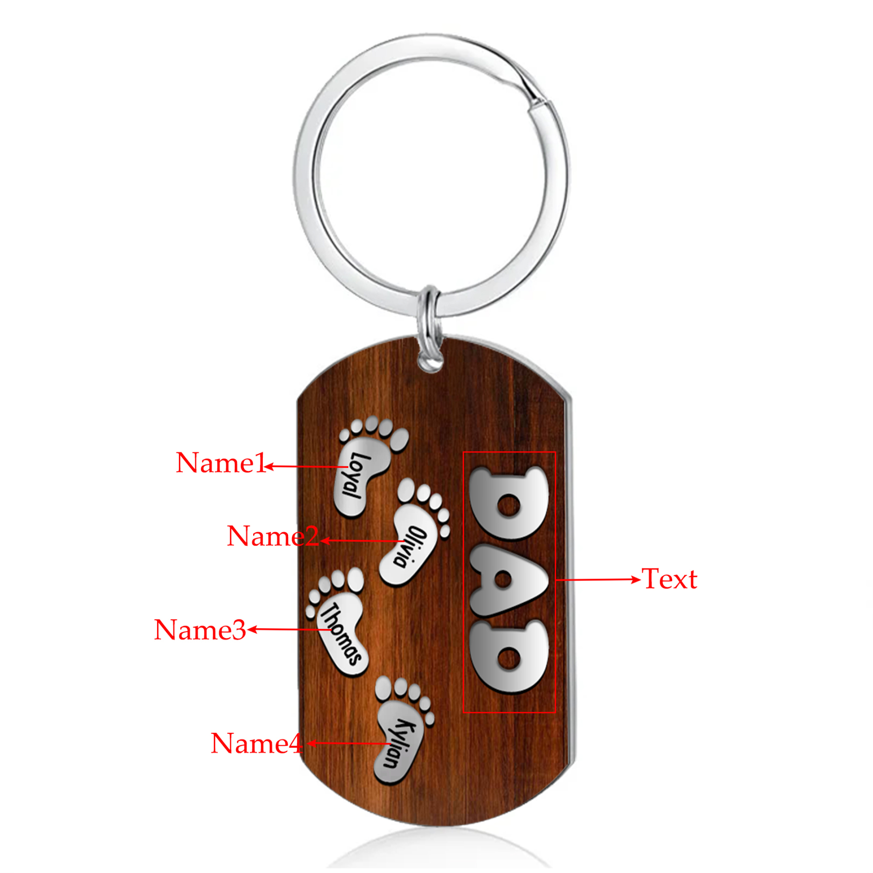 4 Names - Personalised Custom Footprint Pattern Keyring Custom Name and Text Gift for Dad