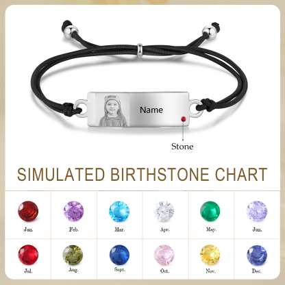 Personalized Custom Photo & Name & Birthstone Elastic Rope Stainless Steel Bracelet Adjustable Back To School Gift For Children