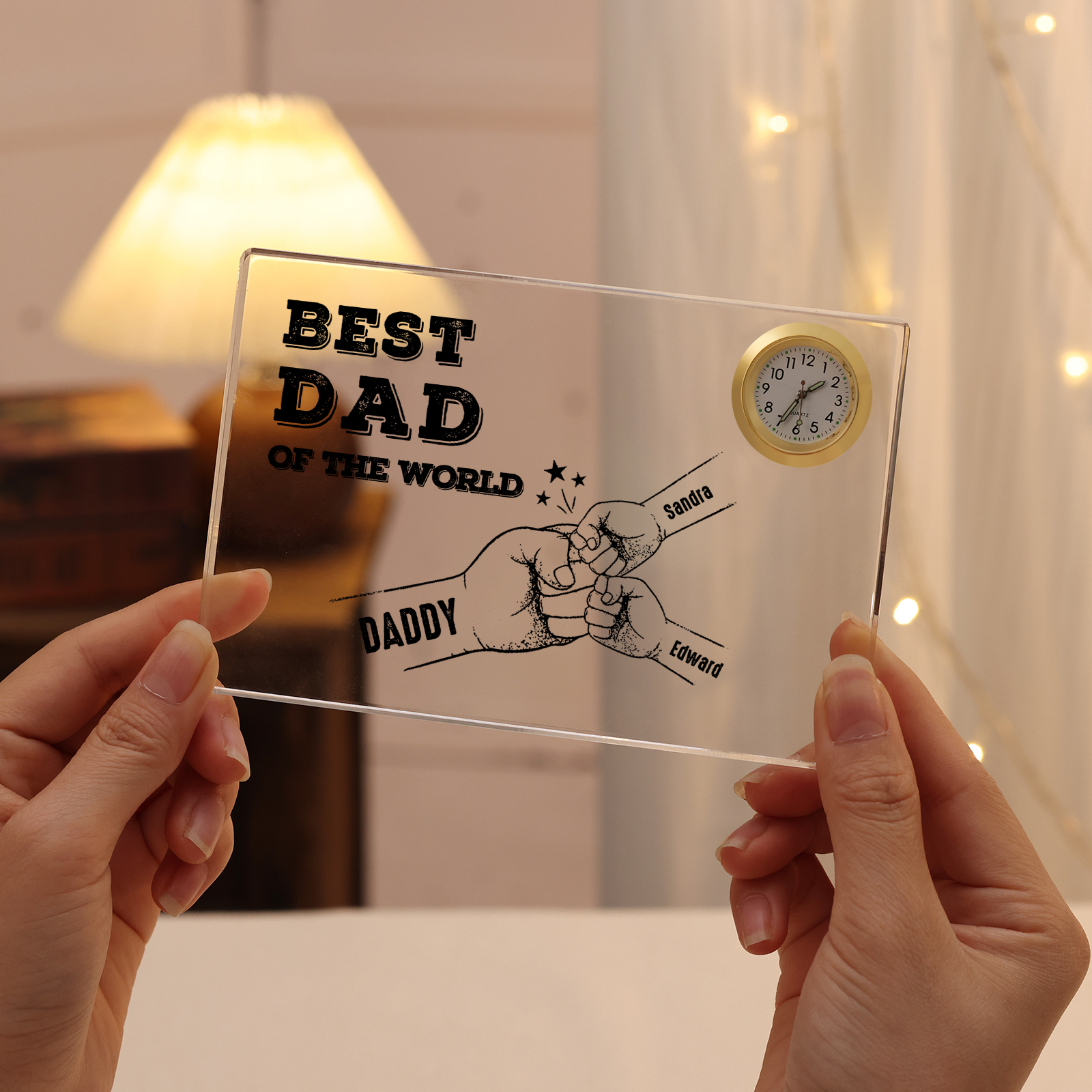 3 Names - Personalised Fist Bump Acrylic Rectangular Clock Ornament Father's Day Gift for Dad