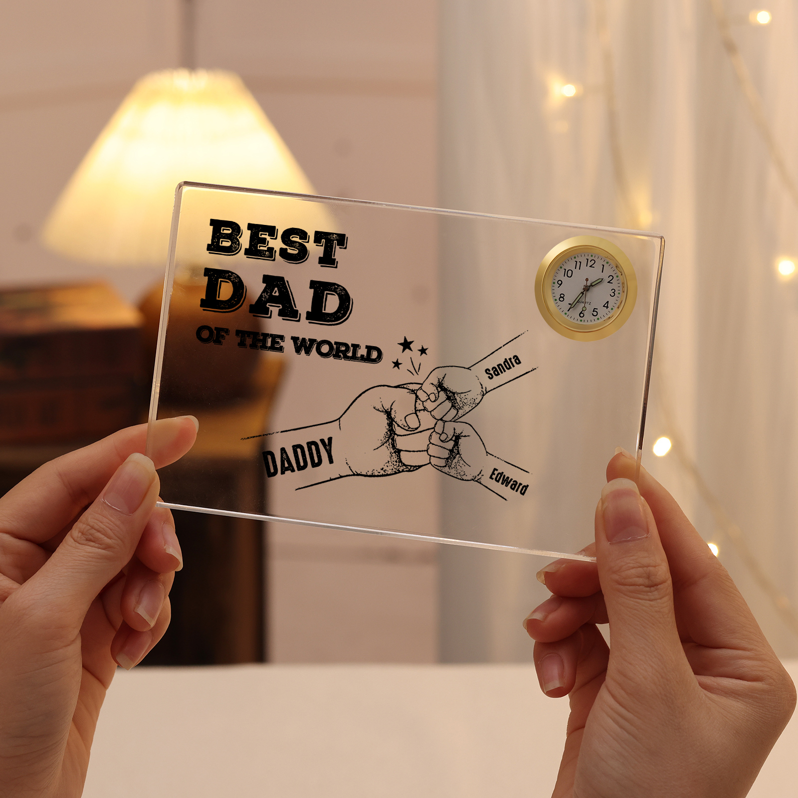 3 Names - Personalised Fist Bump Acrylic Rectangular Clock Ornament Father's Day Gift for Dad