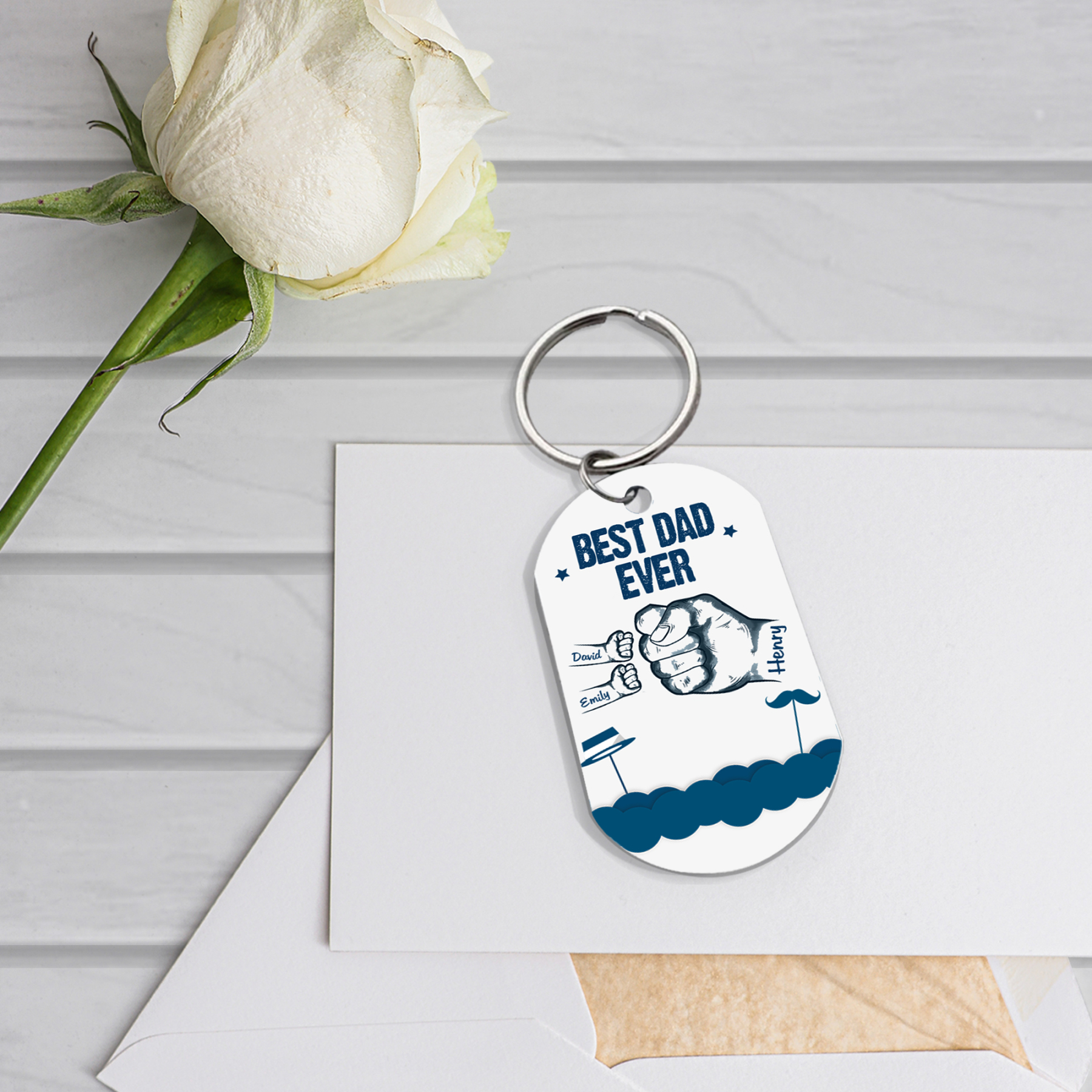 3 Names - Personalised Custom Fist Bump Keyring Hat and Beard Style Keyring Gift for Dad