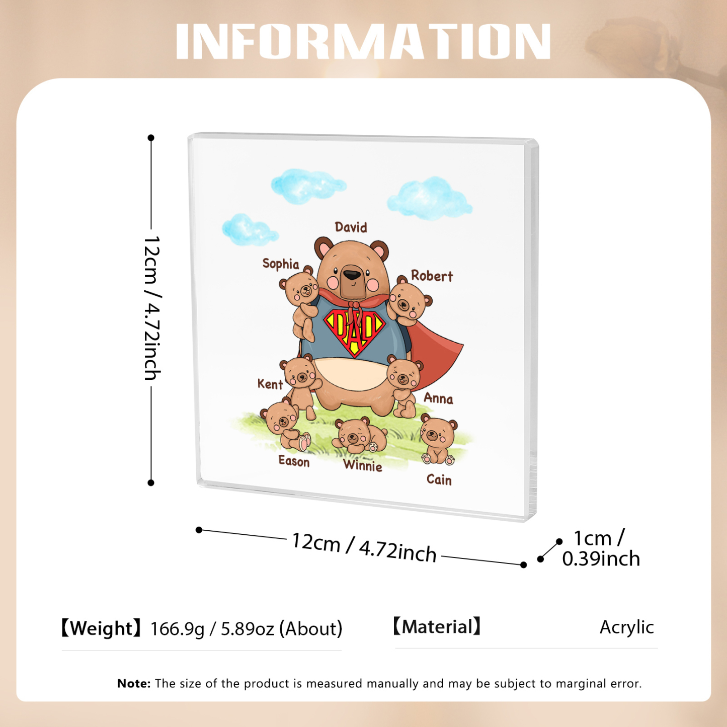 8 Names-Personalised Super Bear Family Acrylic Keepsake-Custom Text and Names-Acrylic Plaque Home Decoration Gift for Dad/Grandad
