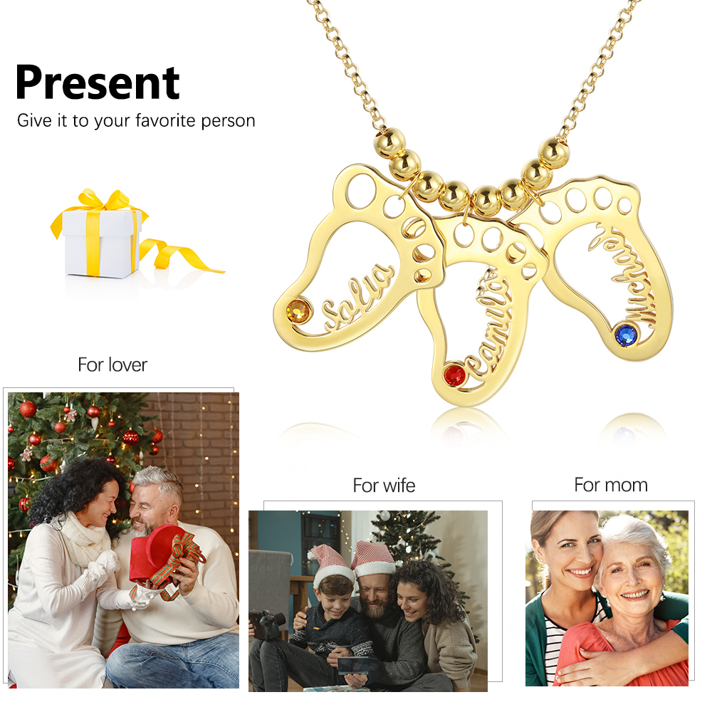 Personalised Baby Foot Necklace With 3 Birthstones Engraved Names Gift For Mother