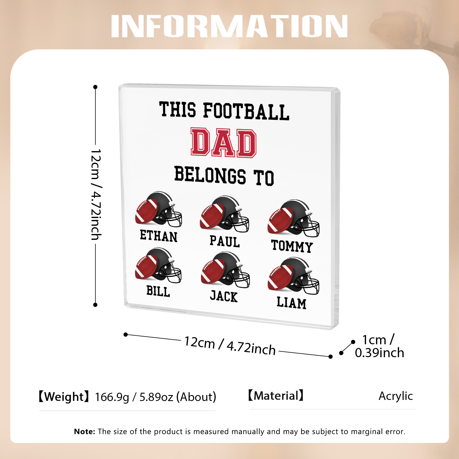 6 Names -Personalised Football Acrylic Keepsake Customized Name Acrylic Plaque Ornament Father's Day Gift for Dad