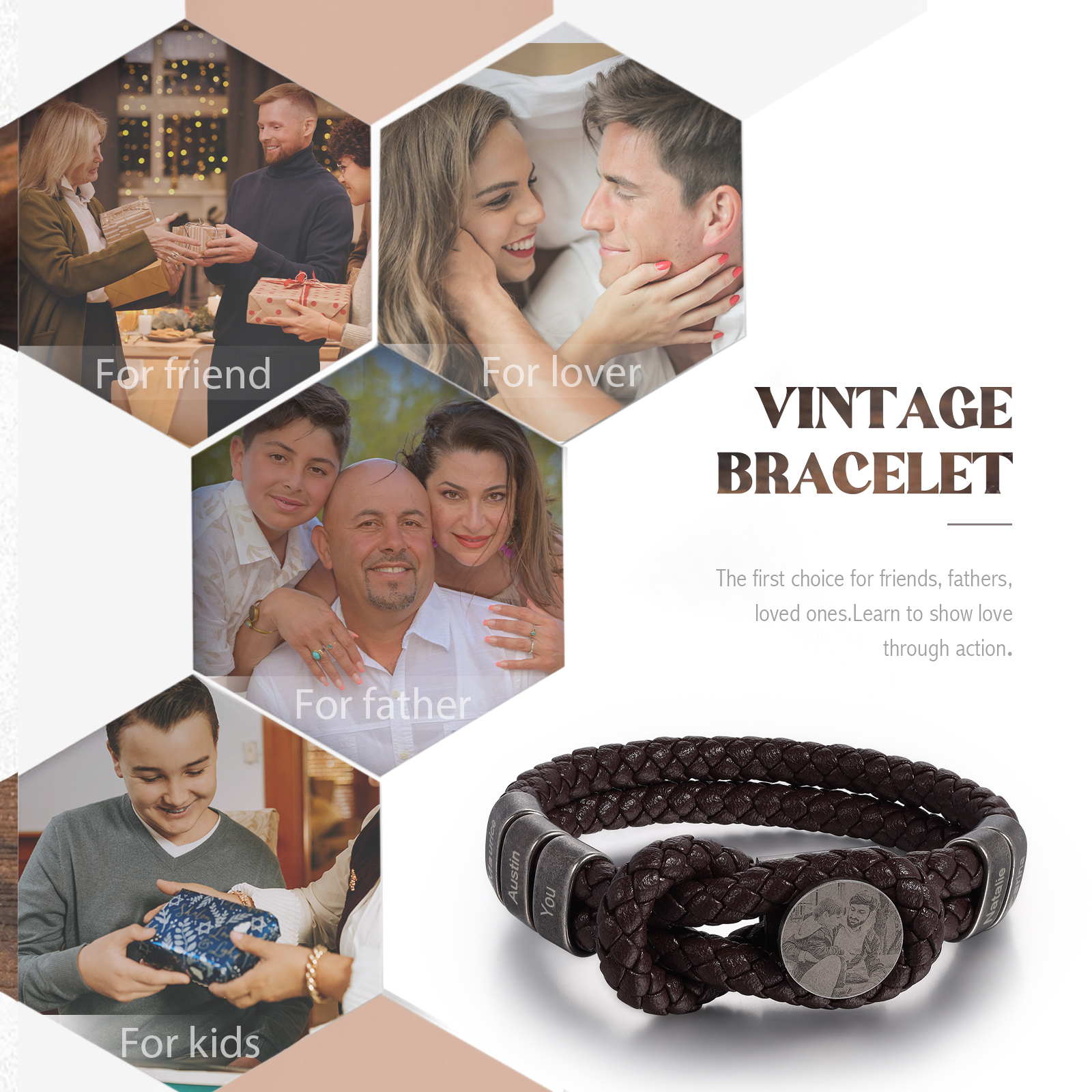 5 Names-Personalized Mens Photo Bracelet Engraved with Names, Custom Special Men's Braided Name Bracelet