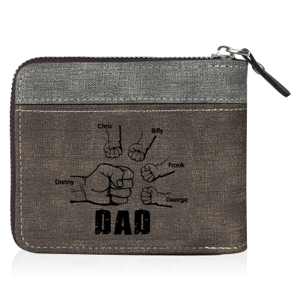 5 Names - Personalised Fist Bump Photo Custom Leather Men's Zipper Wallet as a Father's Day Gift for Dad