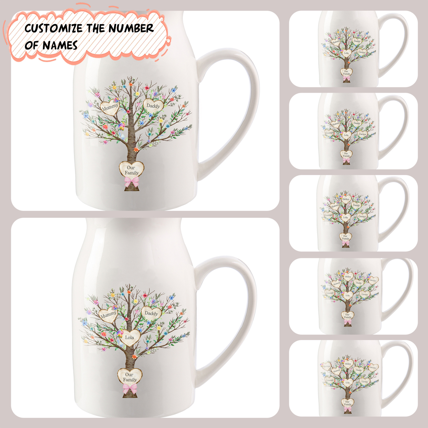 Family Of 5 Custom Names - Personalised Family Tree Ceramic Flower Vase Mother's Day Gift For Mum/Grandma