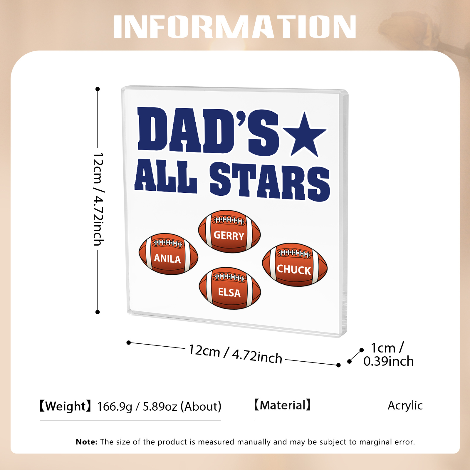 4 Names - Personalised Football Acrylic Keepsake Customized Name Acrylic Plaque Decoration Father's Day Gift for Dad