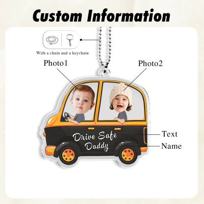Acrylic Keyring/Decoration Personalised 2 Photos, Name And Text Child Driving Pattern Pendant For Dad