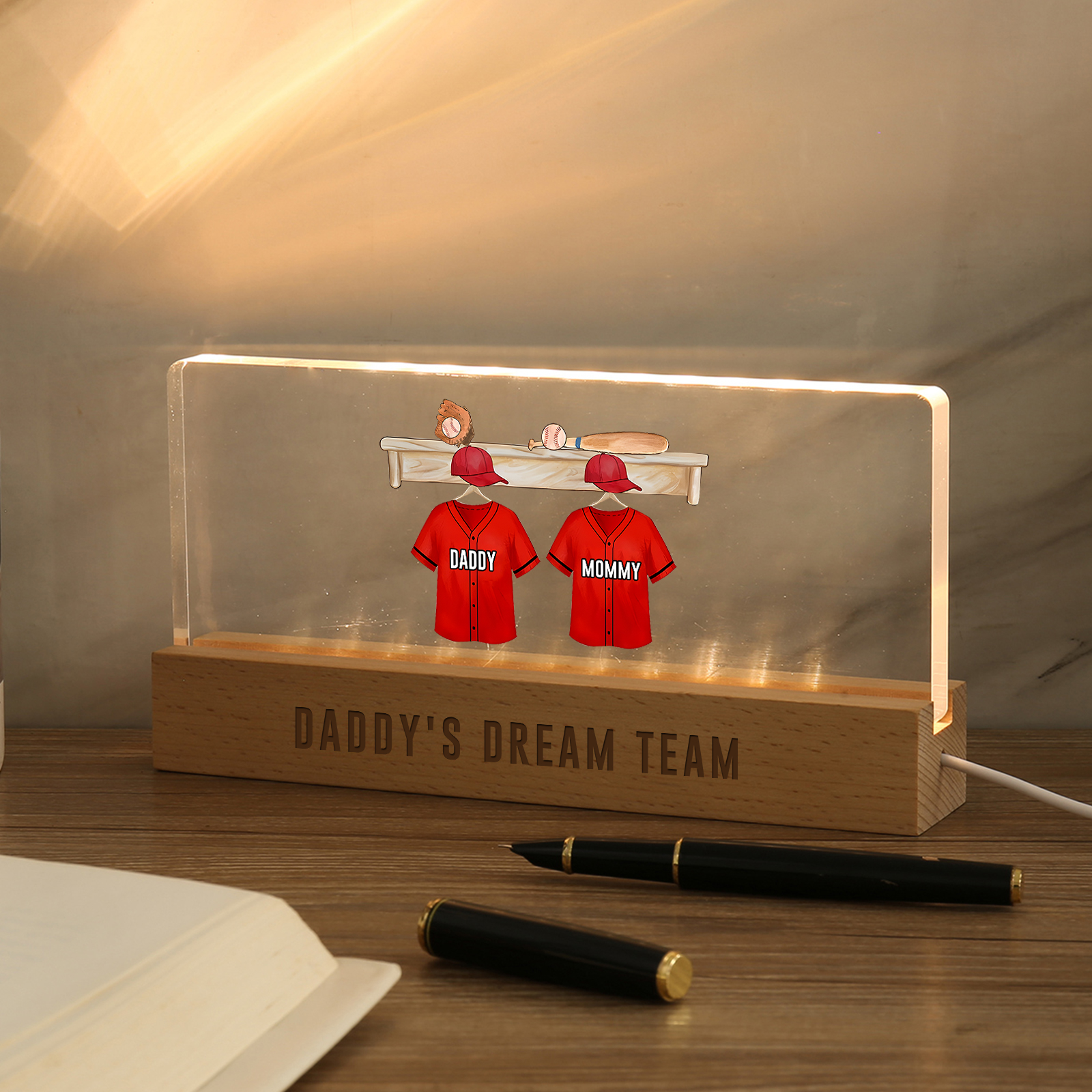 2 Names - Personalised Baseball Jersey Desk Lamp - Dad's Dream Team - Father's Day Gift for Dad