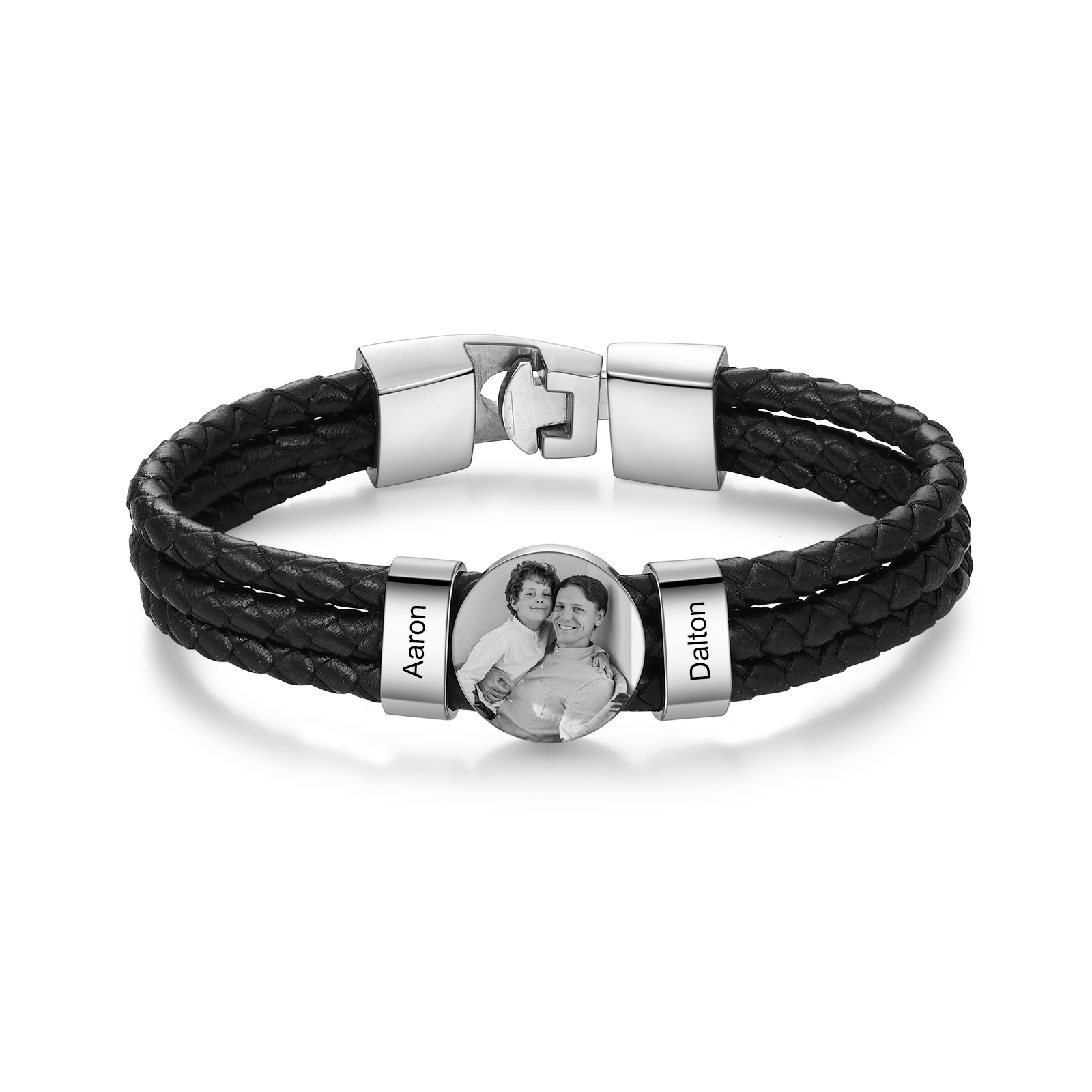 Personalised Braided Leather Bracelet Engraved with 2 Names and Customized 1 Photo Men's Bracelet for Dad