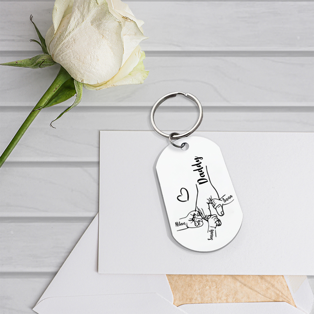 3 Names - Personalised Holding Hands Keyring with name and text Gift for Dad
