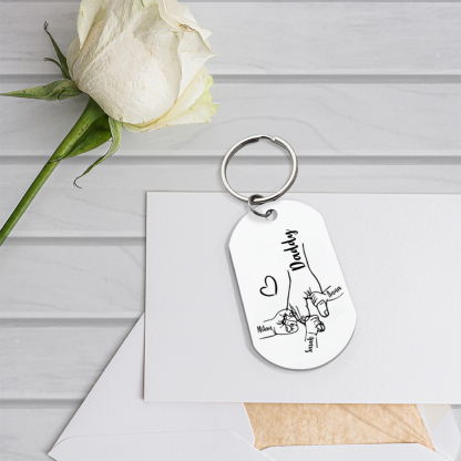 3 Names - Personalised Holding Hands Keyring with name and text Gift for Dad