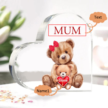 1 Name-Personalised Mum Acrylic Heart Keepsake Custom Text Love Teddy Bear Ornaments Gifts Set With Gift Box for Grandma/Mother