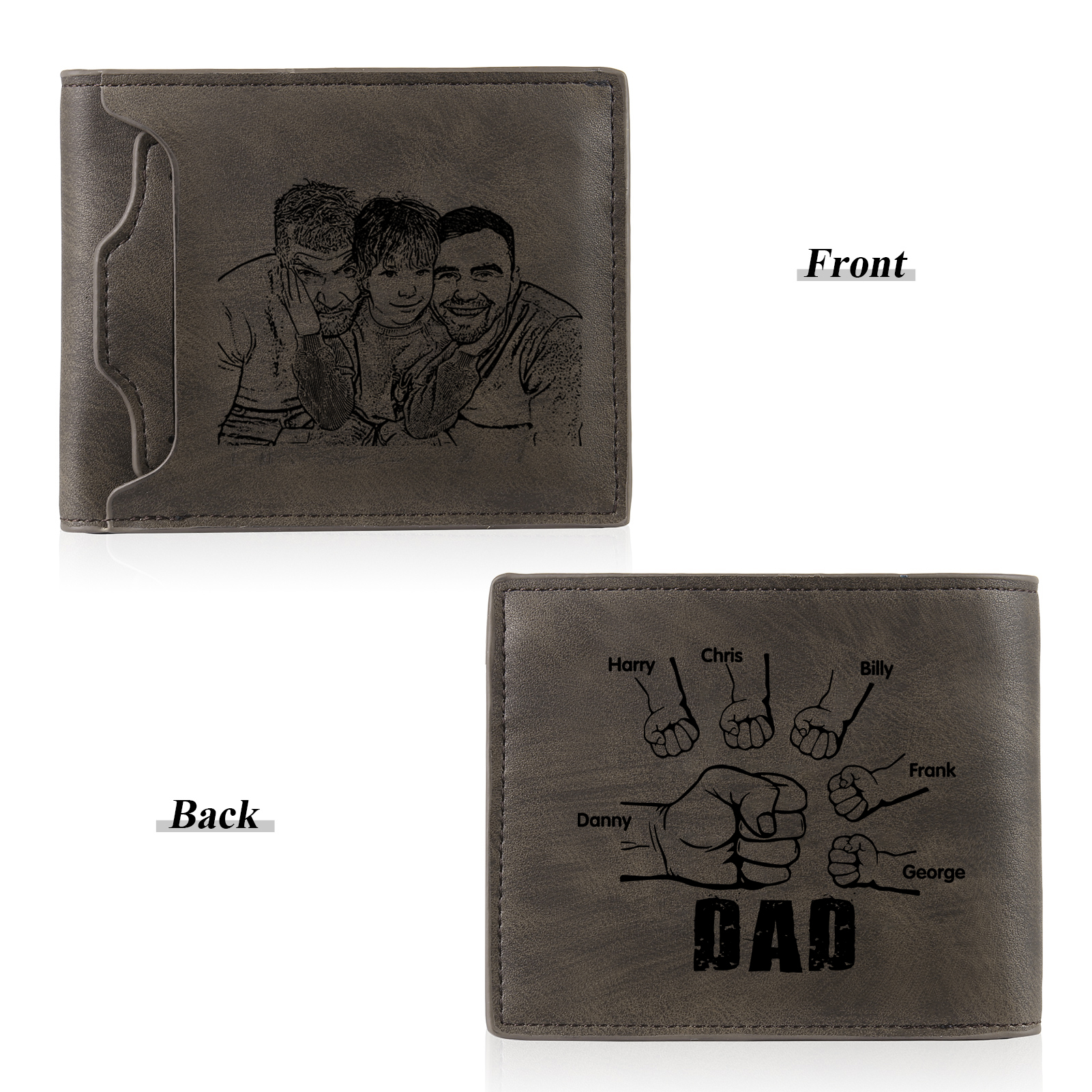 6 Names - Personalised Photo Custom Leather Men's Folding Wallet as a Father's Day Gift for Dad