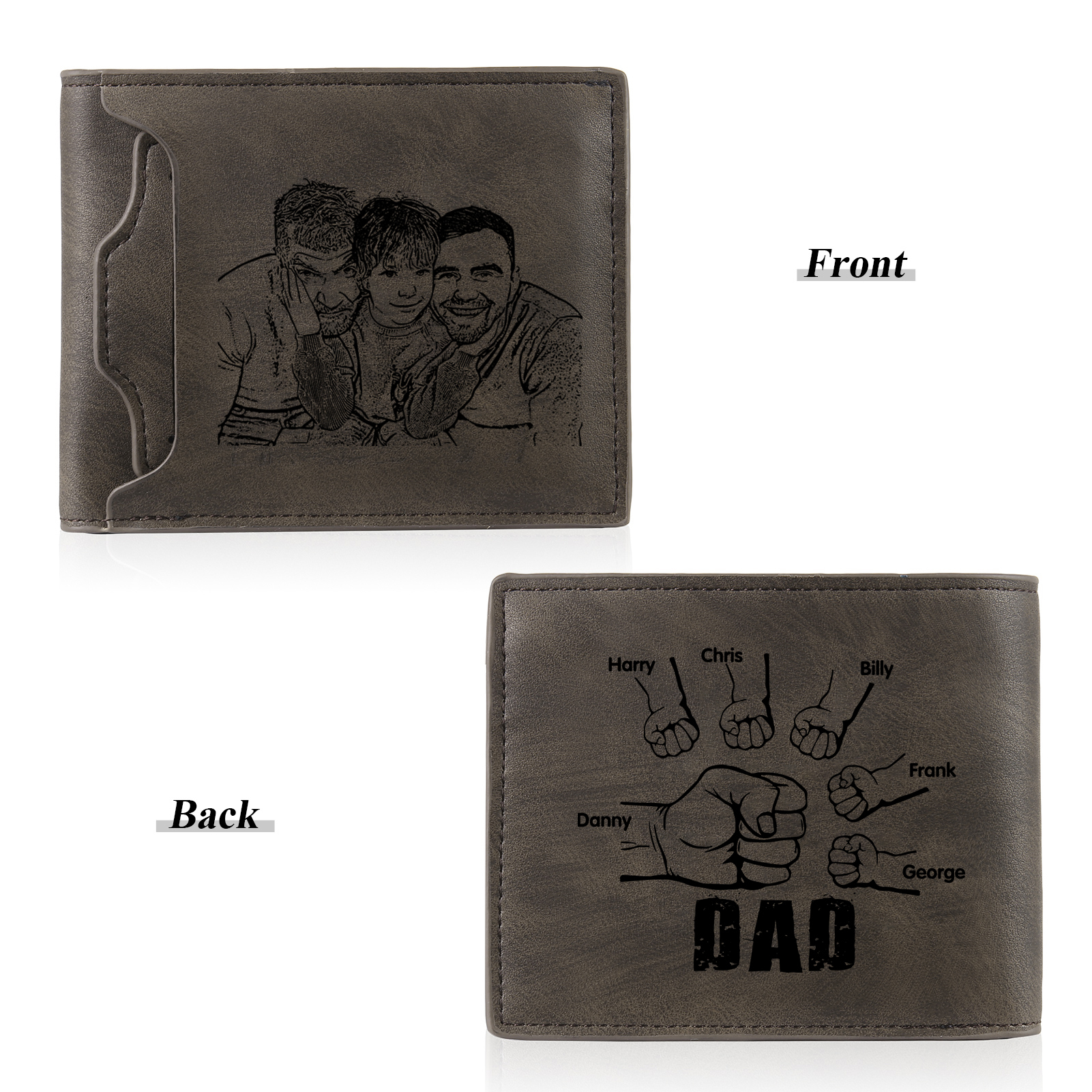 6 Names - Personalised Photo Custom Leather Men's Folding Wallet as a Father's Day Gift for Dad