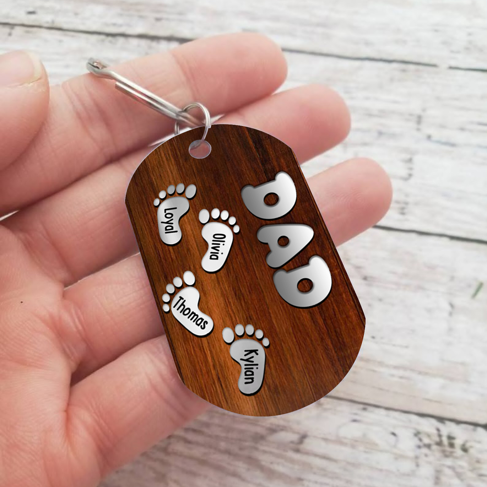 4 Names - Personalised Custom Footprint Pattern Keyring Custom Name and Text Gift for Dad