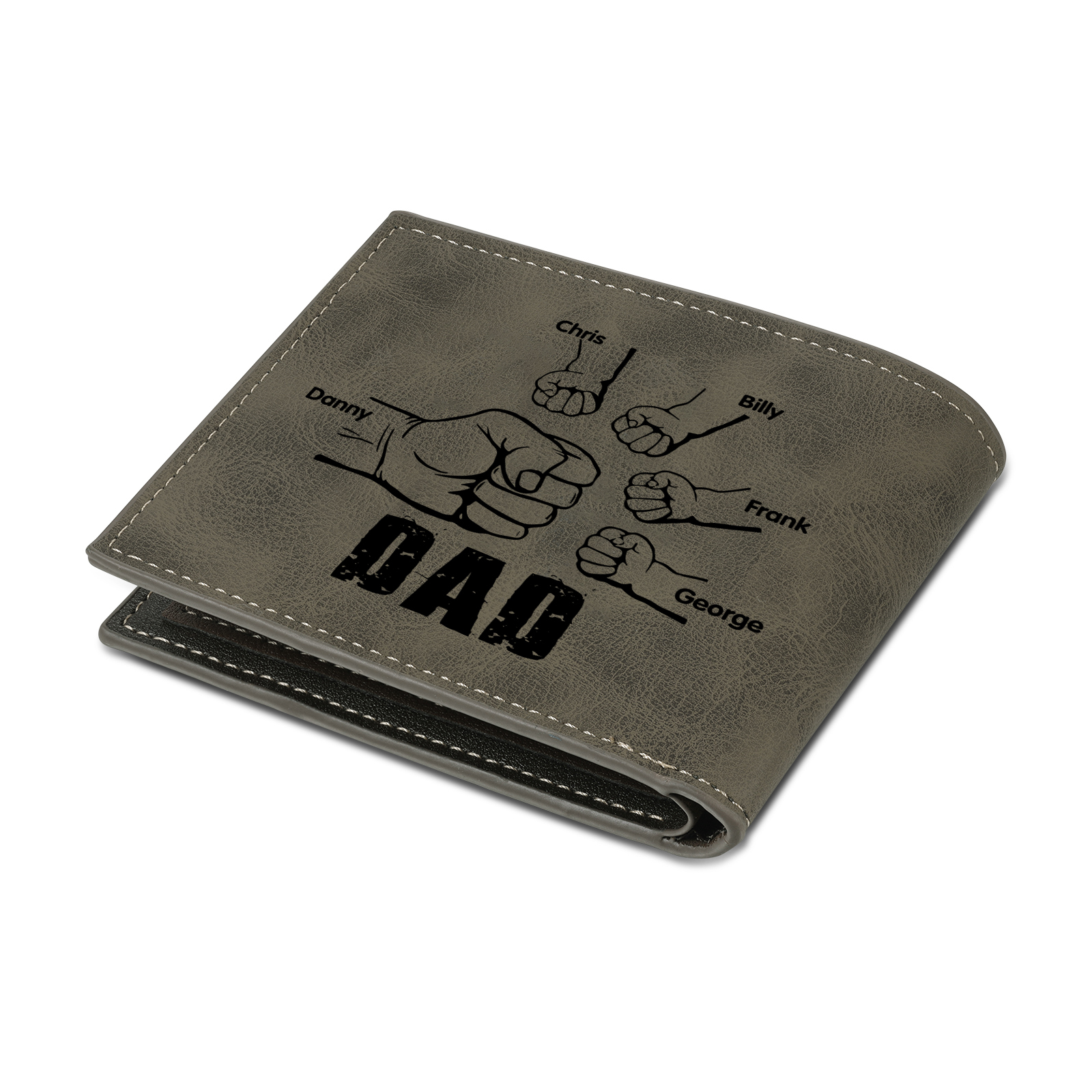 5 Names - Personalised Fist Bump Photo Custom Leather Men's Wallet as a Father's Day Gift for Dad