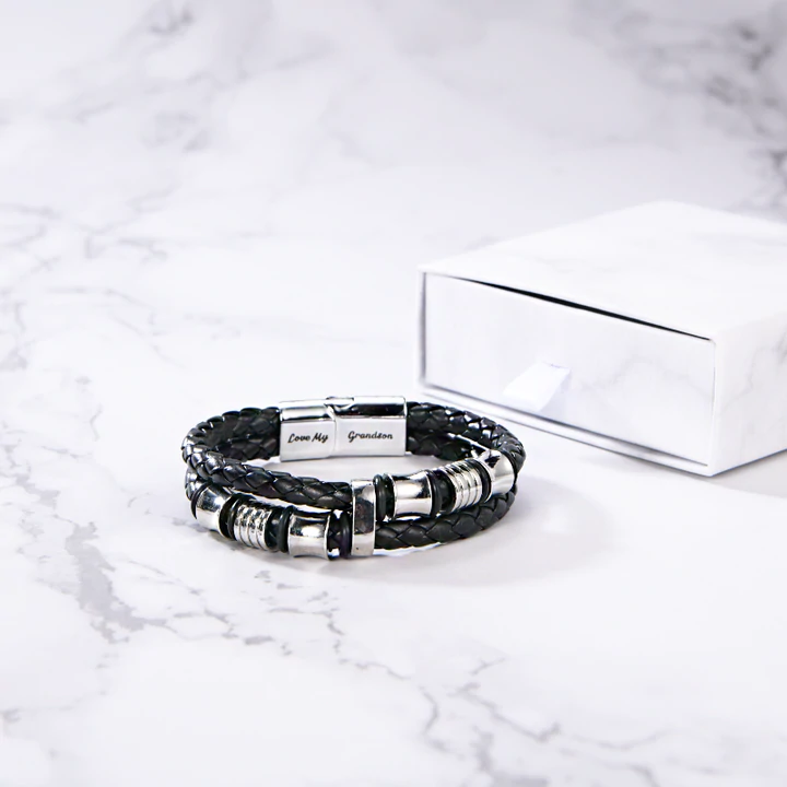 To My Grandson, Inspirational Leather Bracelet Bangle with Message Card Gifts For Him