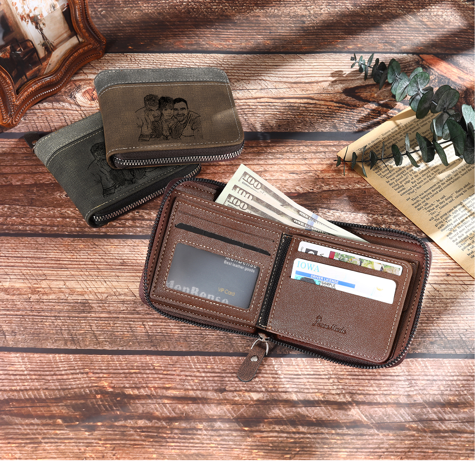 5 Names - Personalised Fist Bump Photo Custom Leather Men's Zipper Wallet as a Father's Day Gift for Dad