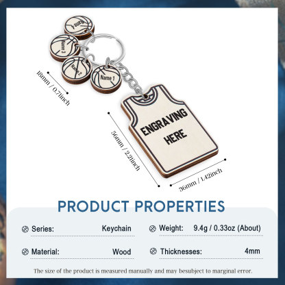 Personalised Text and 4 Names Wooden Basketball Keyring For Dad