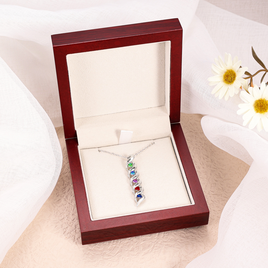 5 Names-Personalised Necklace Cascading Pendant with 5 Birthstones Engraving 5 Names Gifts for Her