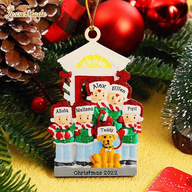 2 Names+Dog Name-Personalised Family Christmas Xmas Tree Decoration Hanging Wooden Ornament with Name-Family with Dog