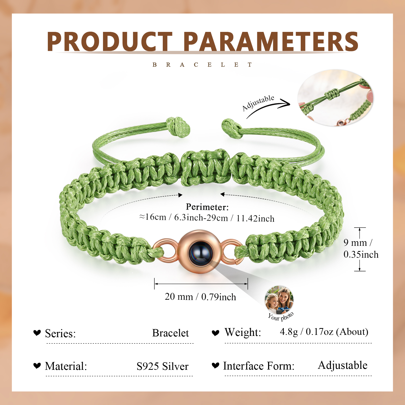 Personalised S925 Boho Macrame Projection Photo Bracelet