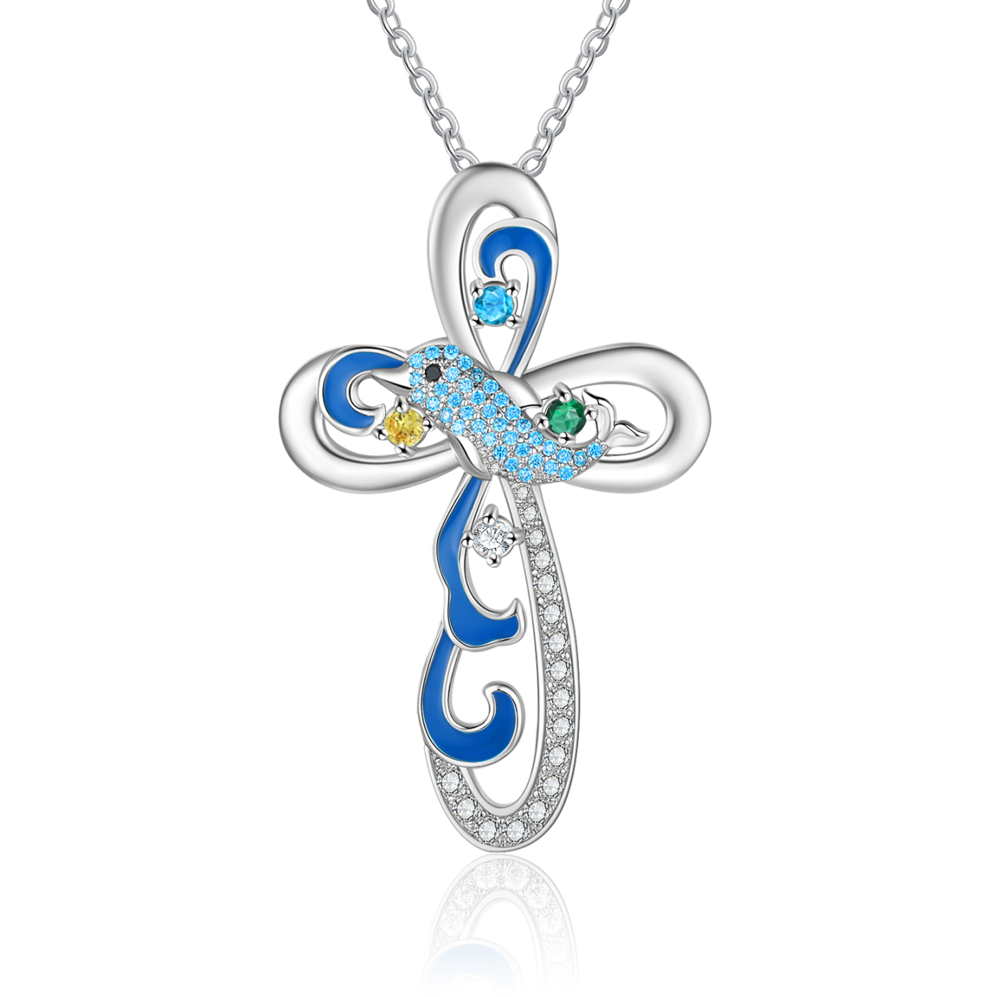 Personalized Dolphin Necklace With Names Custom 3 Birthstones Cross Necklace Gifts for Her