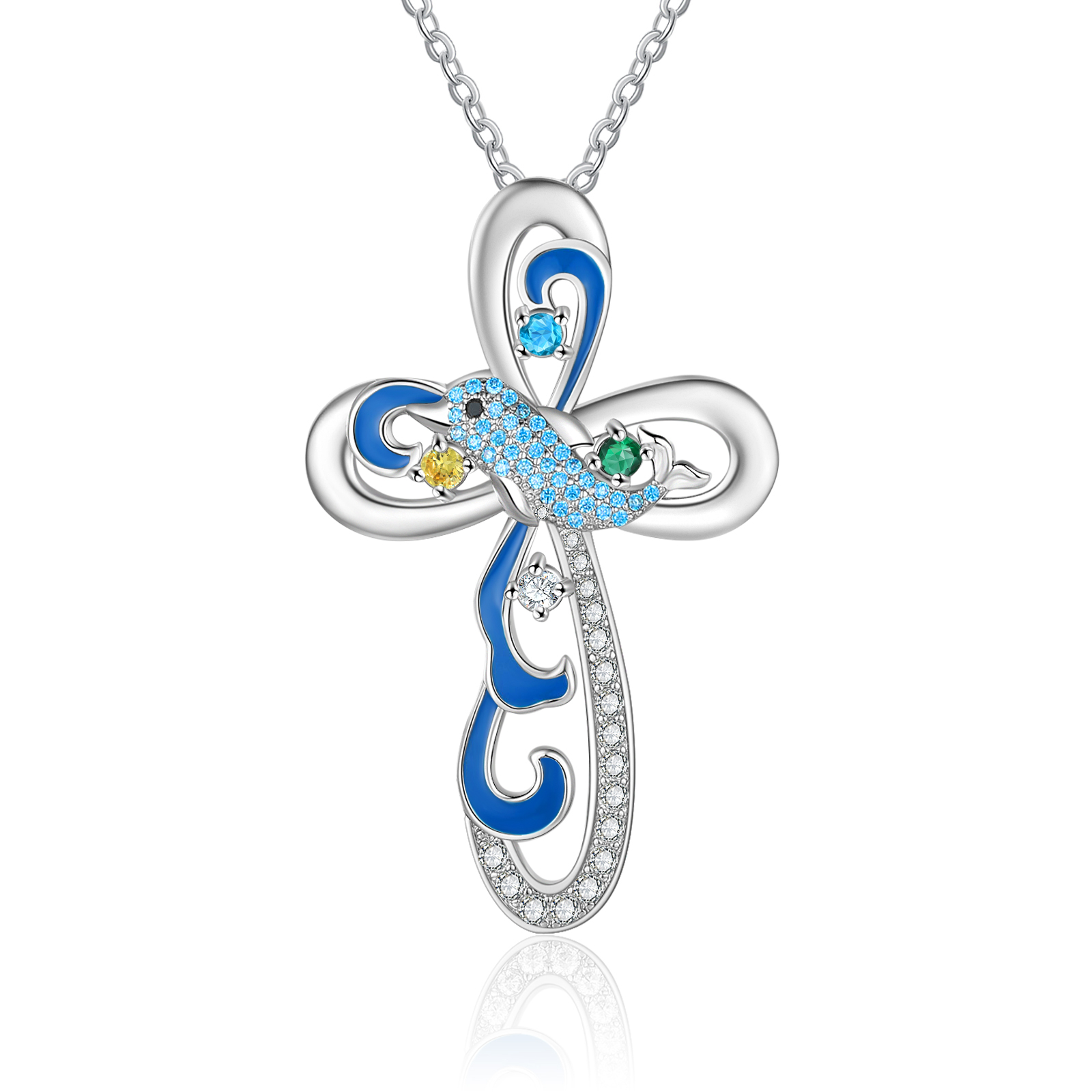 Personalized Dolphin Necklace With Names Custom 3 Birthstones Cross Necklace Gifts for Her