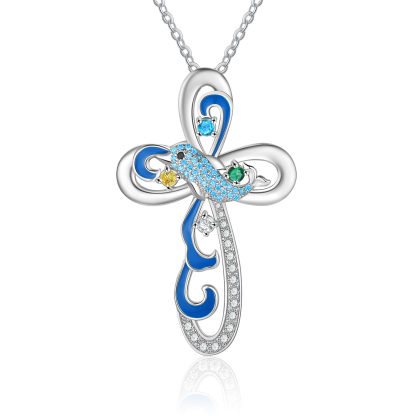 Personalized Dolphin Necklace With Names Custom 3 Birthstones Cross Necklace Gifts for Her