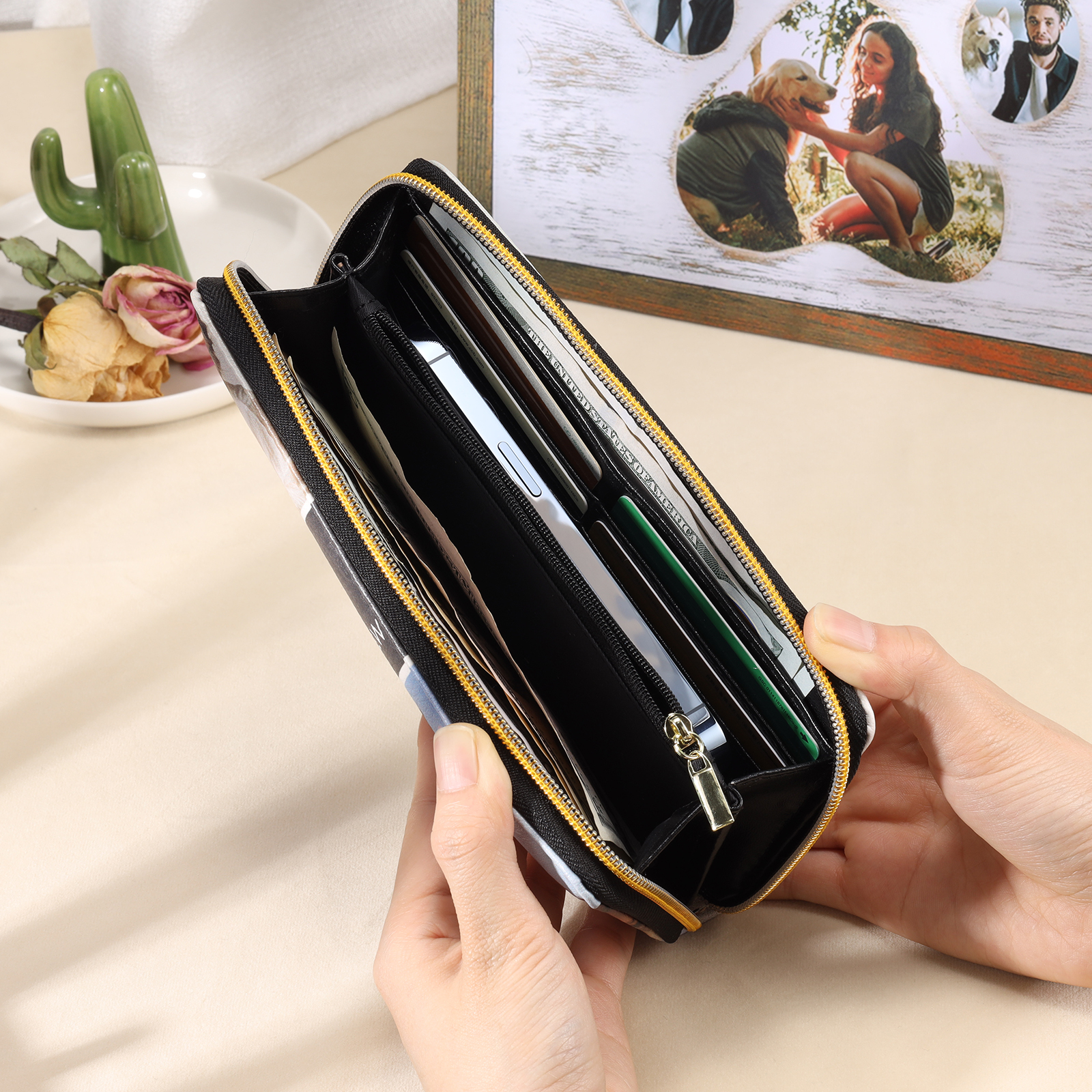 Custom Purse-Long Purse Personalised Leather Wallet Engraved 10 Photos Zip Wallet Gifts For Women Men