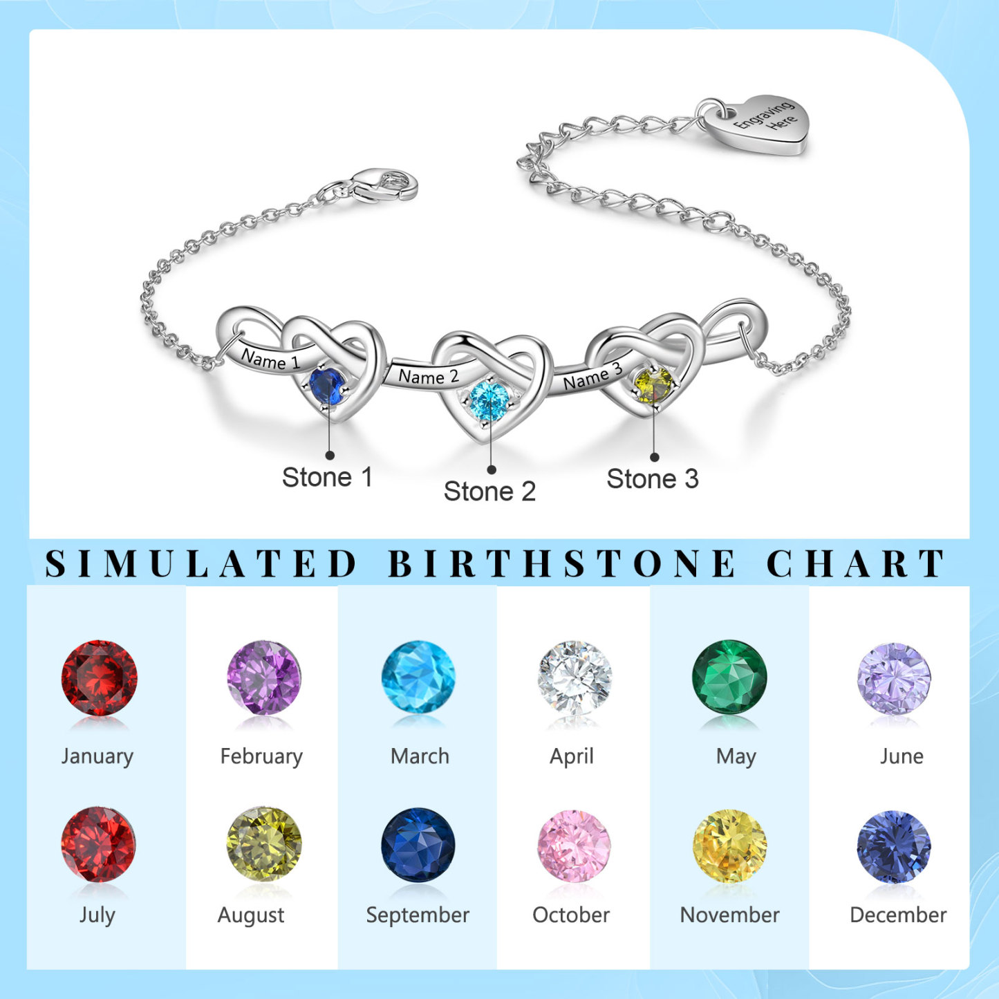 3 Names-Personalised Linked Heart Bracelet With 3 Birthstones Engraved Names And Text Bangle - Christmas Gift For Her