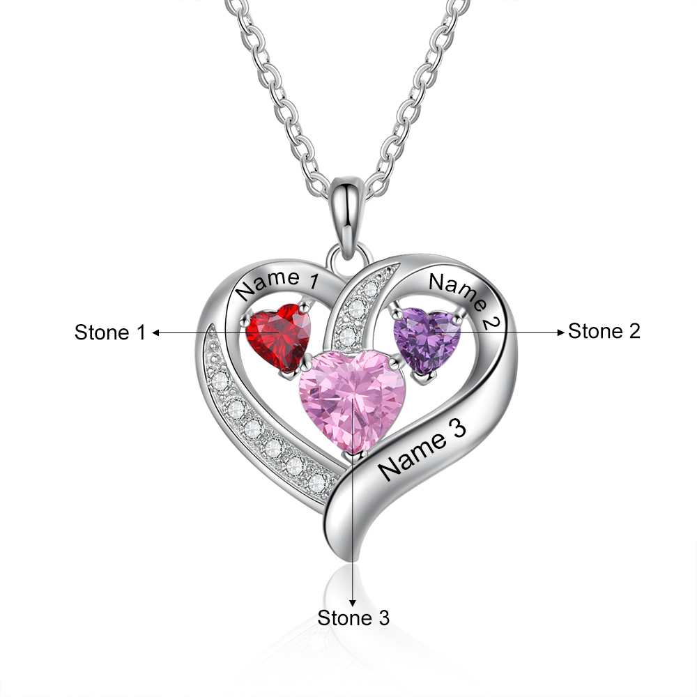 Personalised Heart Necklace With 3 Birthstones Engraved Names Gift For Her