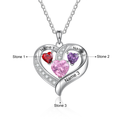 Personalised Heart Necklace With 3 Birthstones Engraved Names Gift For Her