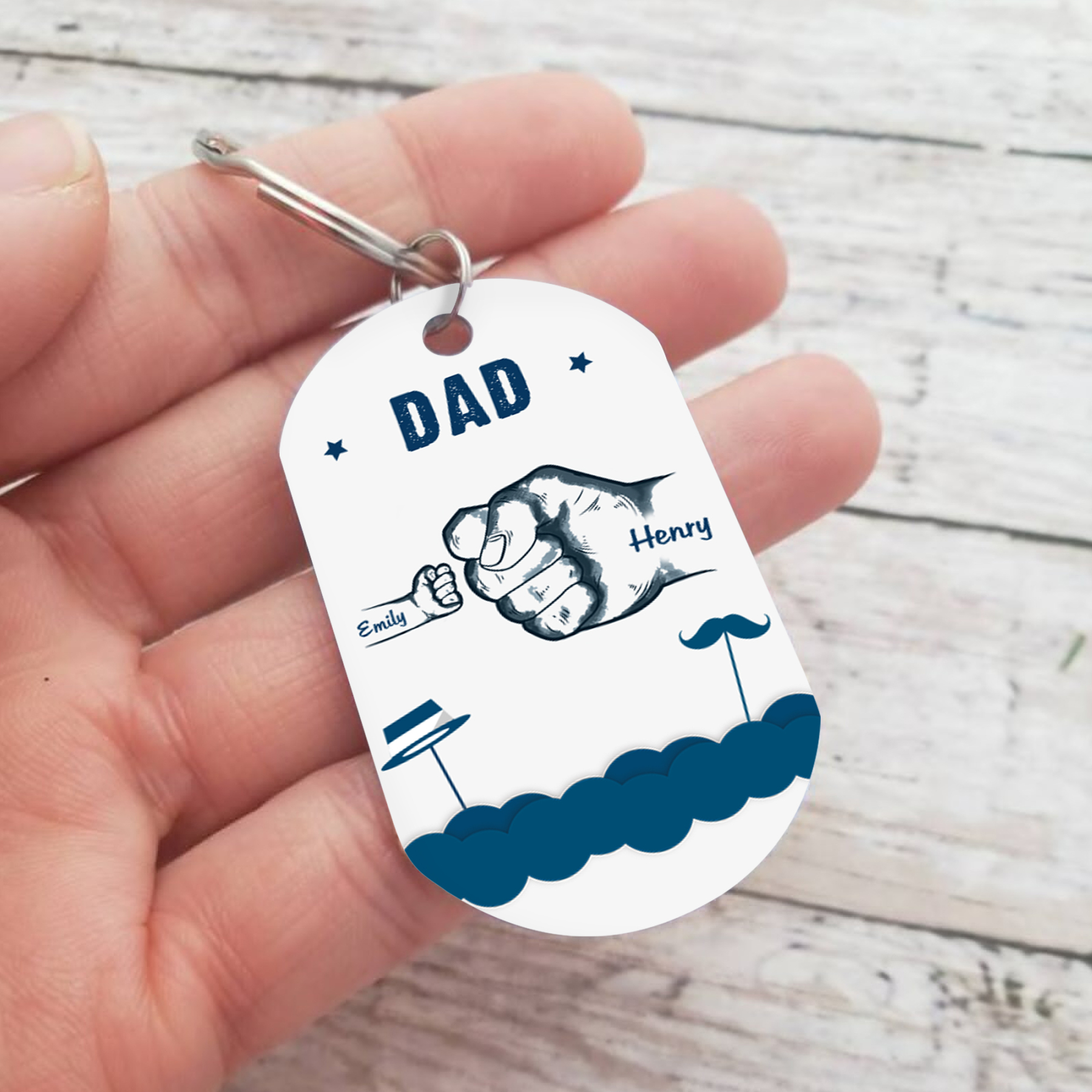 2 Names - Personalised Custom Fist Bump Keyring Hat and Beard Style Keyring Gift for Dad