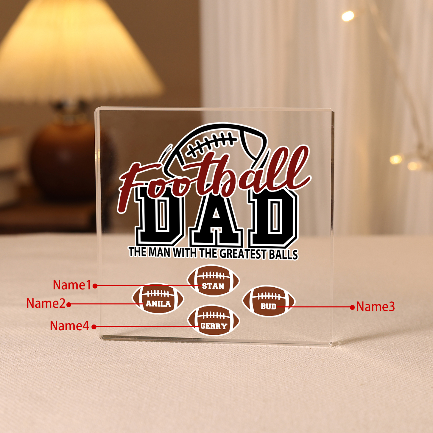 4 Names - Personalised Football Acrylic Keepsake Customized Name Acrylic Plaque Decoration Father's Day Gift for Dad