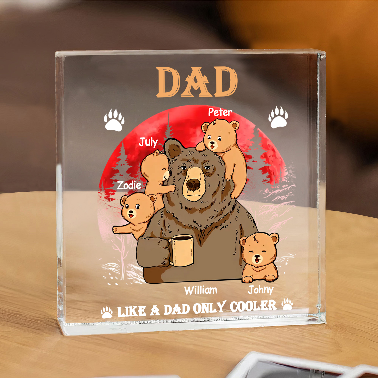 5 Names - Personalised Bear Family Pattern Custom Name Acrylic Square Ornament Father's Day Gift