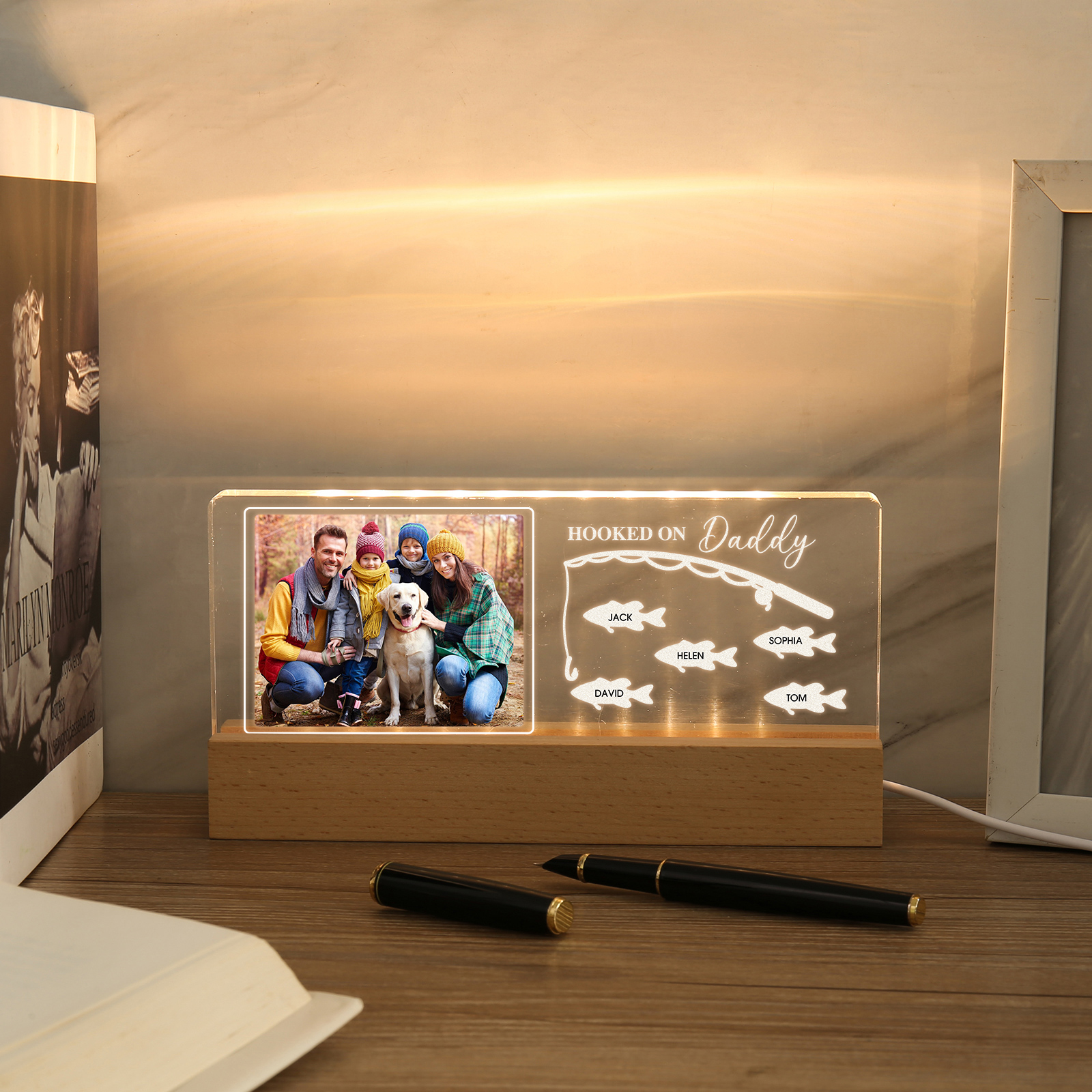 5 Names - Personalised Photo Fishing Pattern Desk Lamp Father's Day Gift For Dad