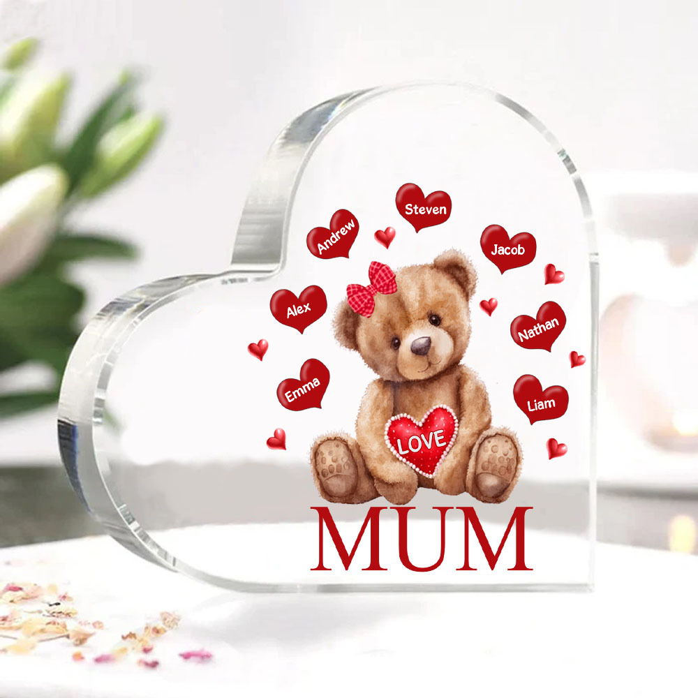 7 Names-Personalised Mum Acrylic Heart Keepsake Custom Text Love Teddy Bear Ornaments Gifts Set With Gift Box for Grandma/Mother
