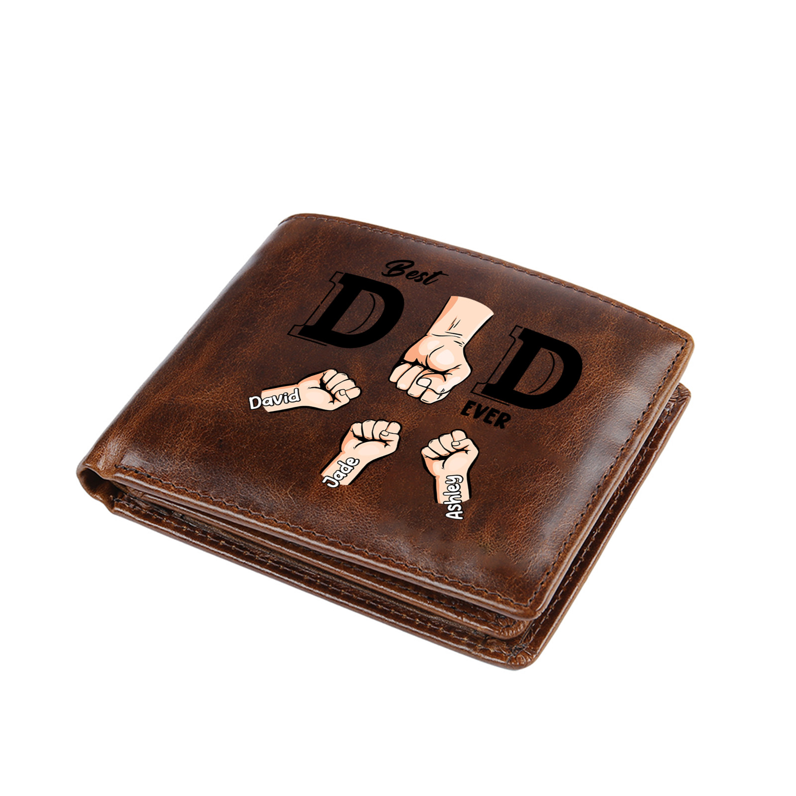 Personalised Genuine Leather Wallet with Names and Fist-bumps – Best Grandad/Dad Ever