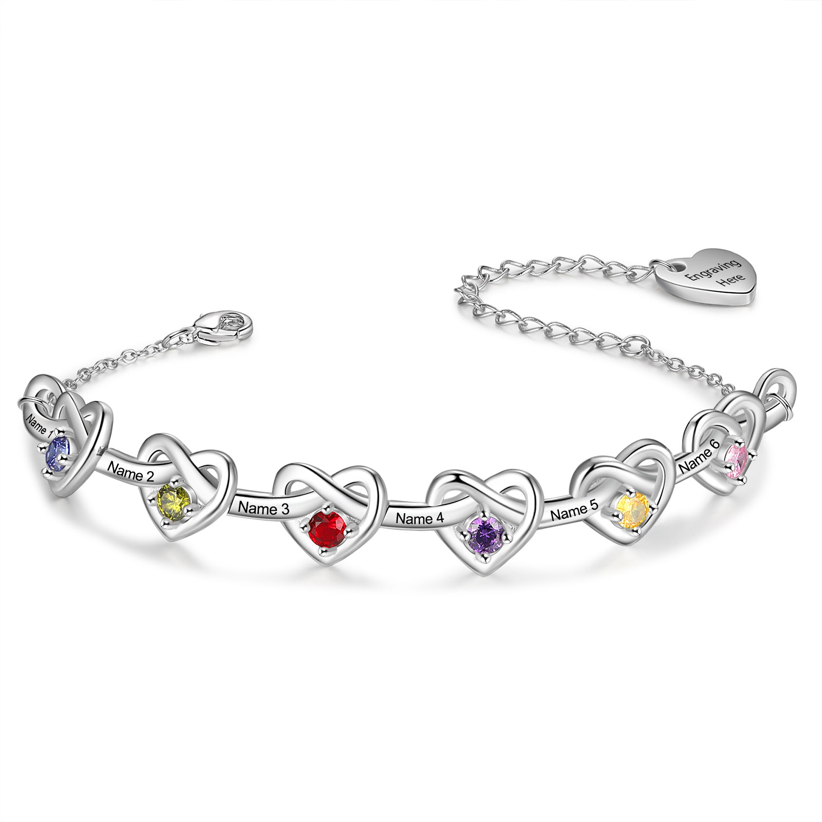 Personalised 1-8 Names Bracelet Customised Birthstones & 1 Text Heart Bracelet for Her | Jessemade