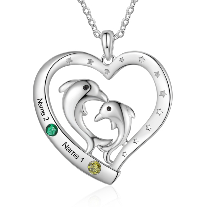 2 Names - Personalised Beautiful Dolphin Heart Necklace with Customized Name and Birthstone Gift for Her