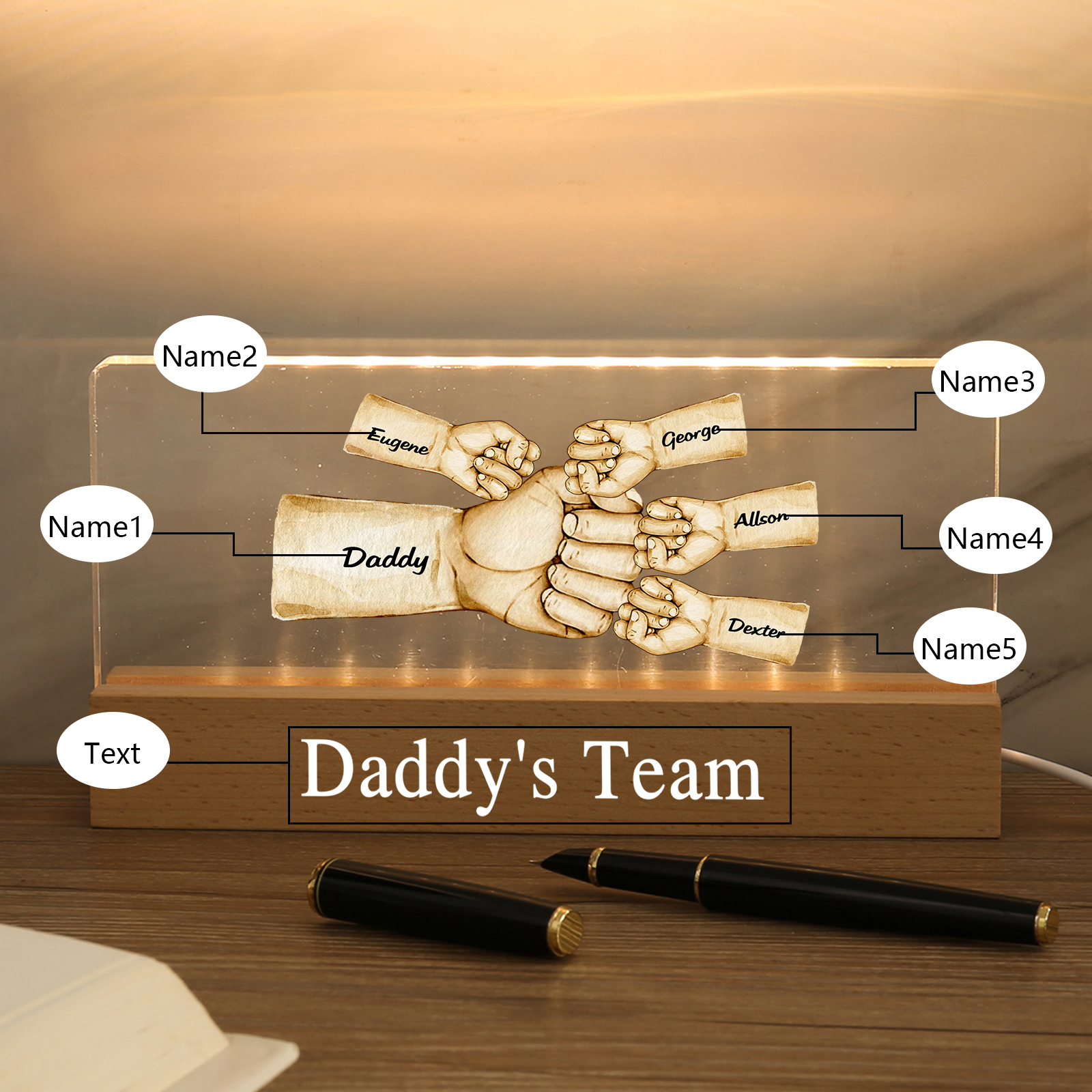 5 Names - Personalised Fist Bump Pattern Table Lamp Customized Text Father's Day Gift for Dad
