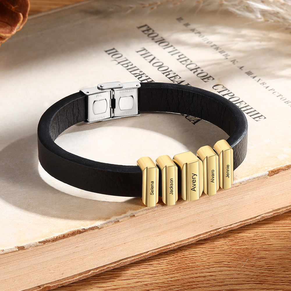 5 Names Personalised Stainless Steel Leather Bracelet Engraved Name Men's Bracelet Gift for Dad
