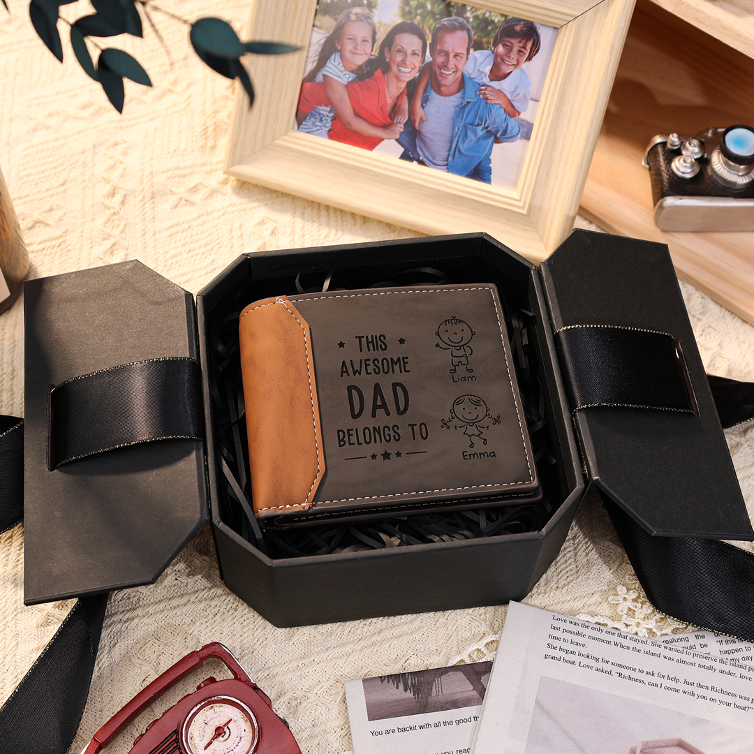 2 Names-Personalised Doll Customized Leather Men's Wallet Customized Name Folding Grey Wallet for Dad