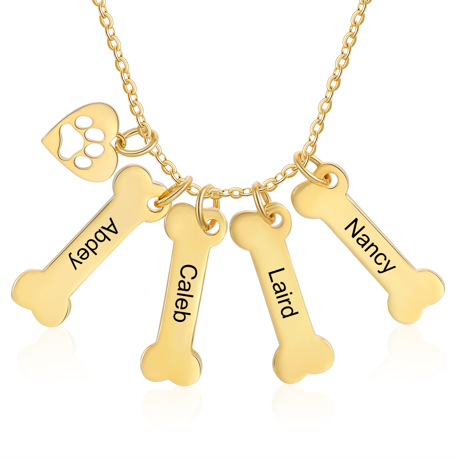 4 Names - Personalised Heart and Bones Charm Pendant Necklace, Custom Name Gift for Her