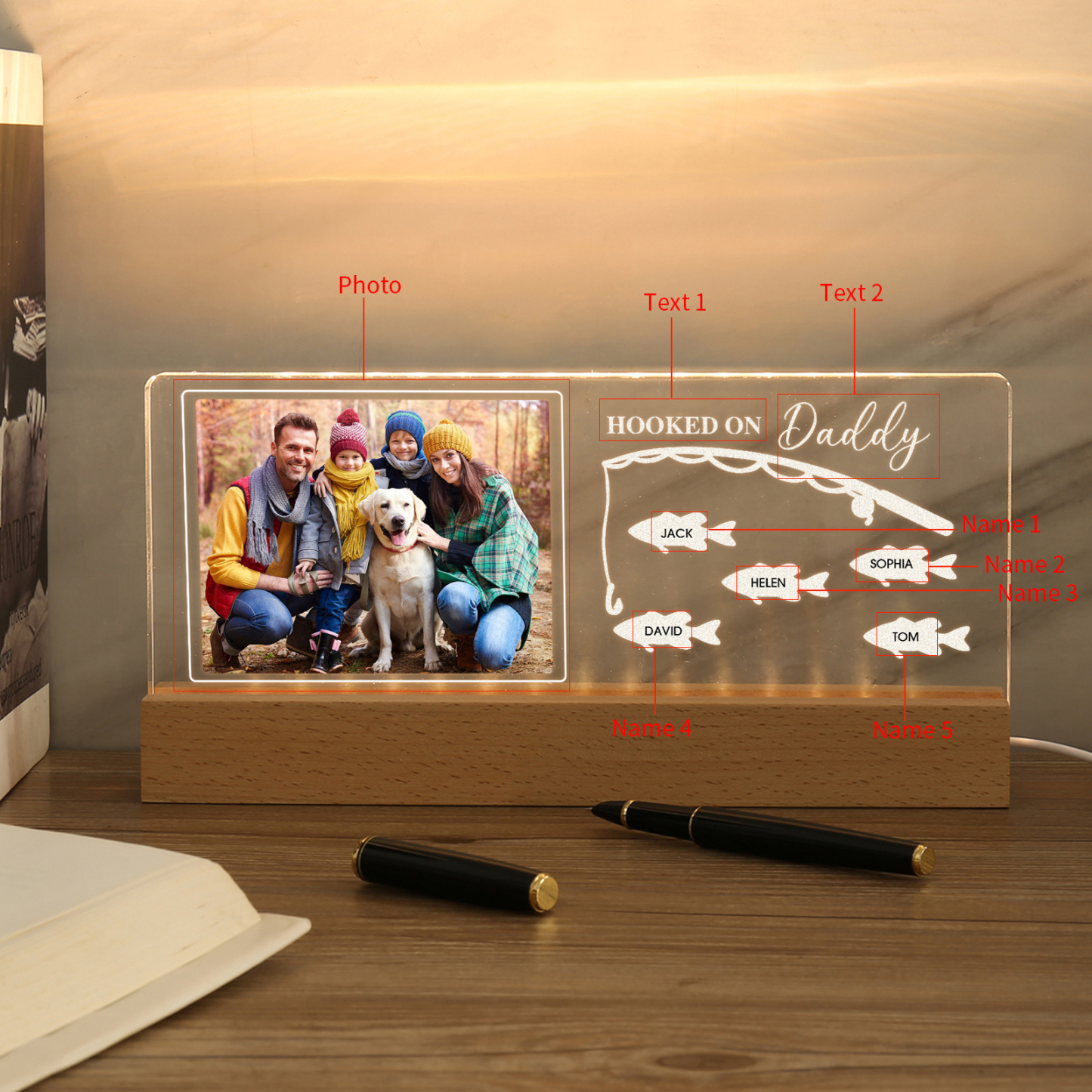 5 Names - Personalised Photo Fishing Pattern Desk Lamp Father's Day Gift For Dad